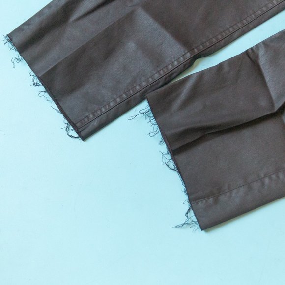 Zara Dreed Flare Raw Hem Cropped Faux Leather Waxed Denim Jeans Size US 14 - Picture 3 of 10